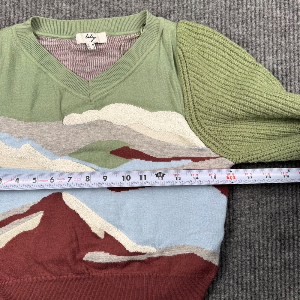 Lily Landscape Scenic Knit Cropped Sweater Colorblock Artsy Boho V Neck XS‎ 936 - Picture 8 of 11